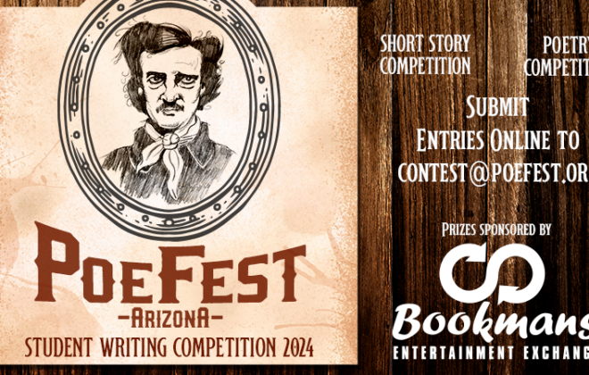 a light brown background with an illustration of edgar allan poe with the words PoeFest Arizona Student Writing Competition 2024 in dark brown.