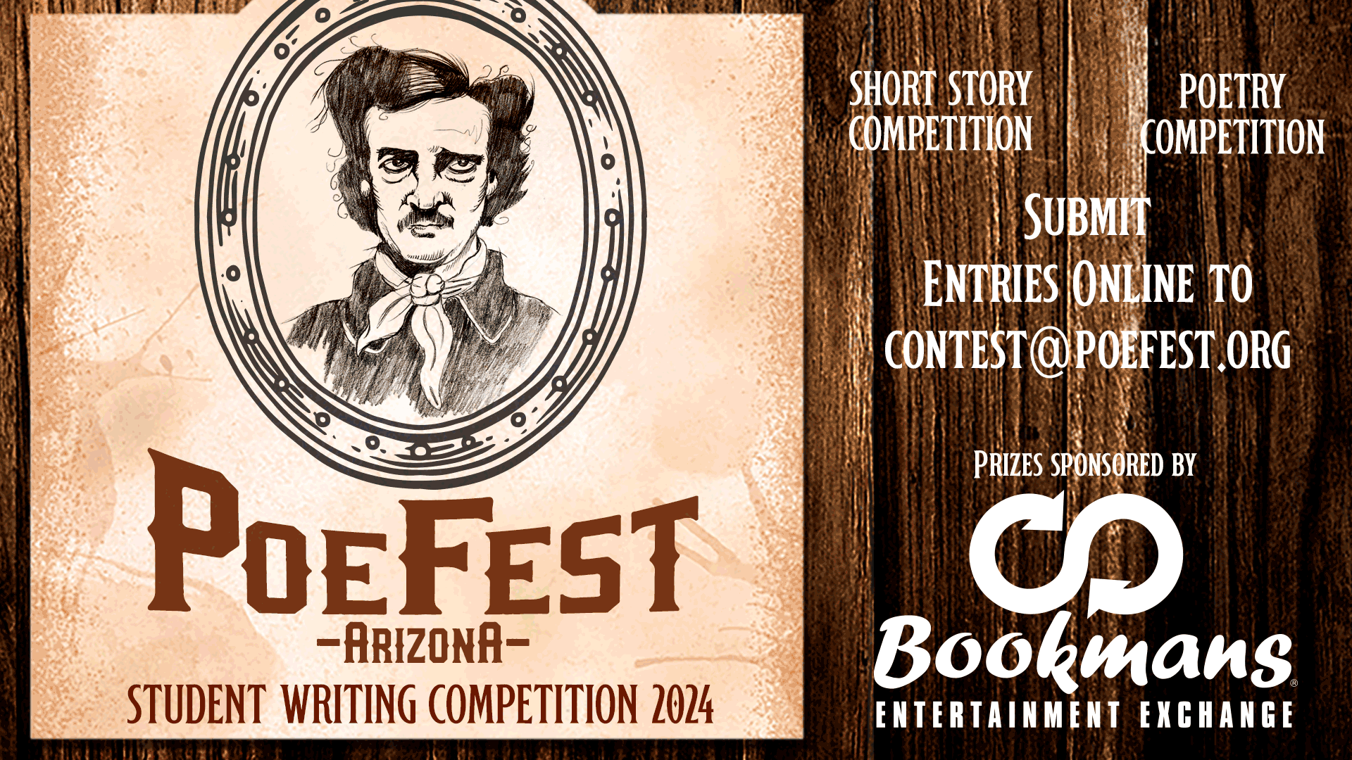 a light brown background with an illustration of edgar allan poe with the words PoeFest Arizona Student Writing Competition 2024 in dark brown.