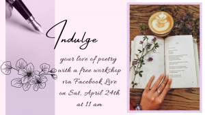 a pen writes the word Indulge, followed by event details. A book lays open on a desk amidst scattered flowers.