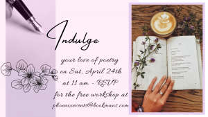 A pen writes the word Indulge, beneath are listed event details. To the right, a book is lying open beside a cup of coffee.
