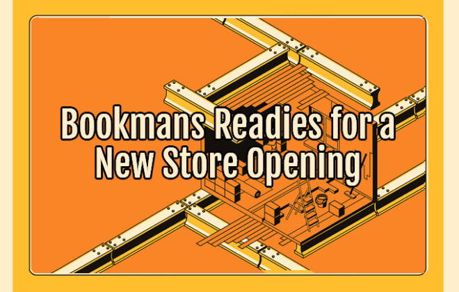 Orange, yellow, and black colored illustration of a man on a construction site for a small room. The text reads Bookmans Readies for a New Store Opening