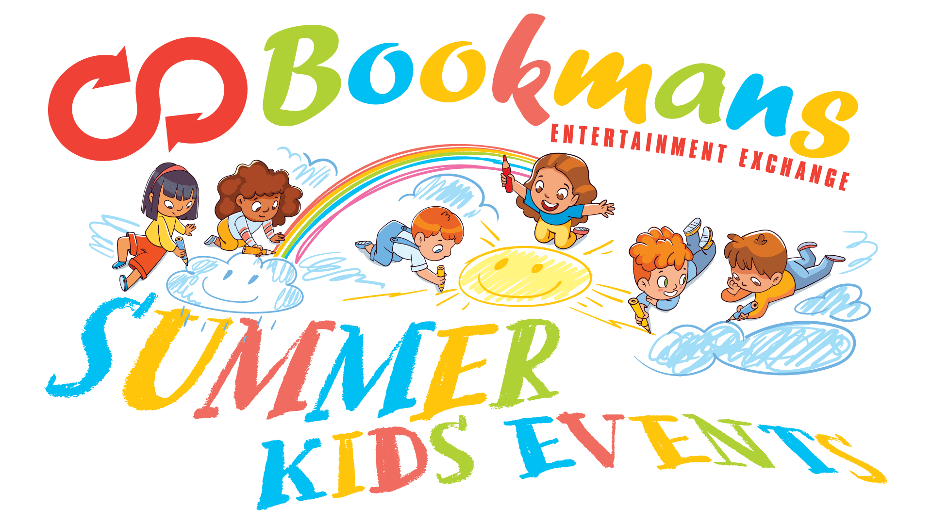 Multi colored words reading Bookmans entertainment exchange Summer Kids Events