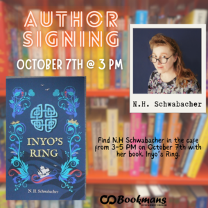 author signing text october 7th at 3 pm in front of blurred orange shelf of books with picture of a woman in a polaroid and a blue book