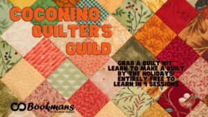 Background diamond quilt patches red orange pink green with the words coconino quilter's guild