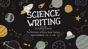 Space background with planets and rockets with the title of event science writing written