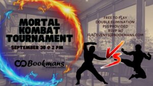 sepia colored photo of the bookmans cafe in flagstaff with black sillhouettes fighting with a ring of dragon fire with the words mortal kombat tournament in the middle