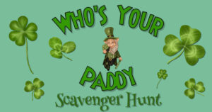 Green Background with shamrock, a gnome, and the words "Whos Your Paddy"imposed over