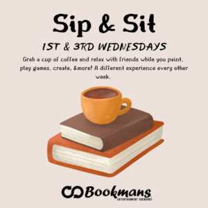 coffee cup on top of a stack of books. Text reads Sit and Sip, first and third wednesdays