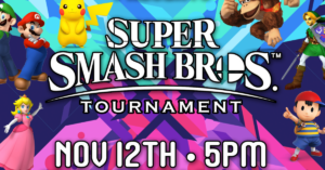 Video game characters on a blue and pink background surrounding the text Super Smash Bros Tournament