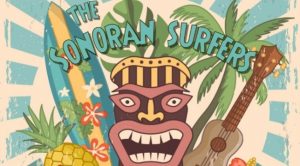 Beige background, tiki, surfboard, and palm trees with Sonoran Surfers logo