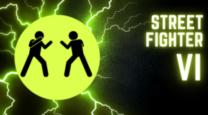 Event Banner for Street fighter VI gaming tournament. On the banner is yellow lighting and two stick men fighting on top of a yellow circle background amidst the lightning. In neon writing on the right it says "street fighter VI. All of this is on top of a black backround.
