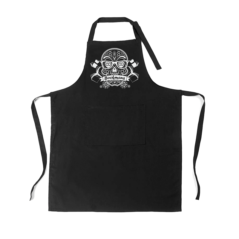 Bookmans sugar skull cooking apron in black with a white Bookmans sugar skull logo. Front view.