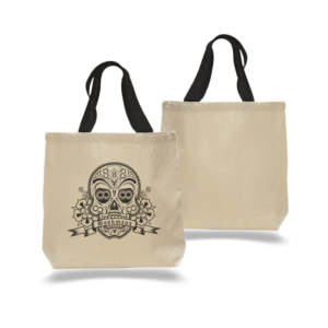 Bookmans sugar skull canvas tote bag featuring a black sugar skull bookmans logo on a cream tote bag with black handles. Front and back views side by side.