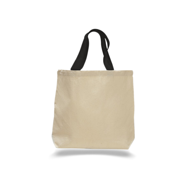 Bookmans sugar skull canvas tote bag featuring a black sugar skull bookmans logo on a cream tote bag with black handles. back view which is blank.