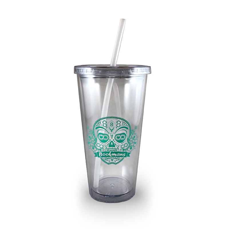 Bookmans clear, reusable tumbler with a screw-on lid and straw featuring the teal blue sugar skull logo. This item is plastic.