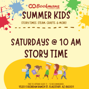 Summer Kids Saturdays at 10 AM Story Time with small cartoon children holding books