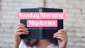 a woman holds a book in front of her face, the cover reads "Sunday Morning Mysteries"