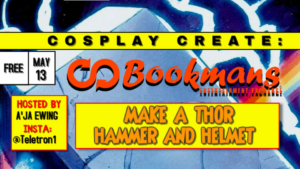 Comic style background with Bookmans logo and lettering imposed over,