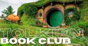 A photo of a Hobbit House with the text Tolkien Book Club