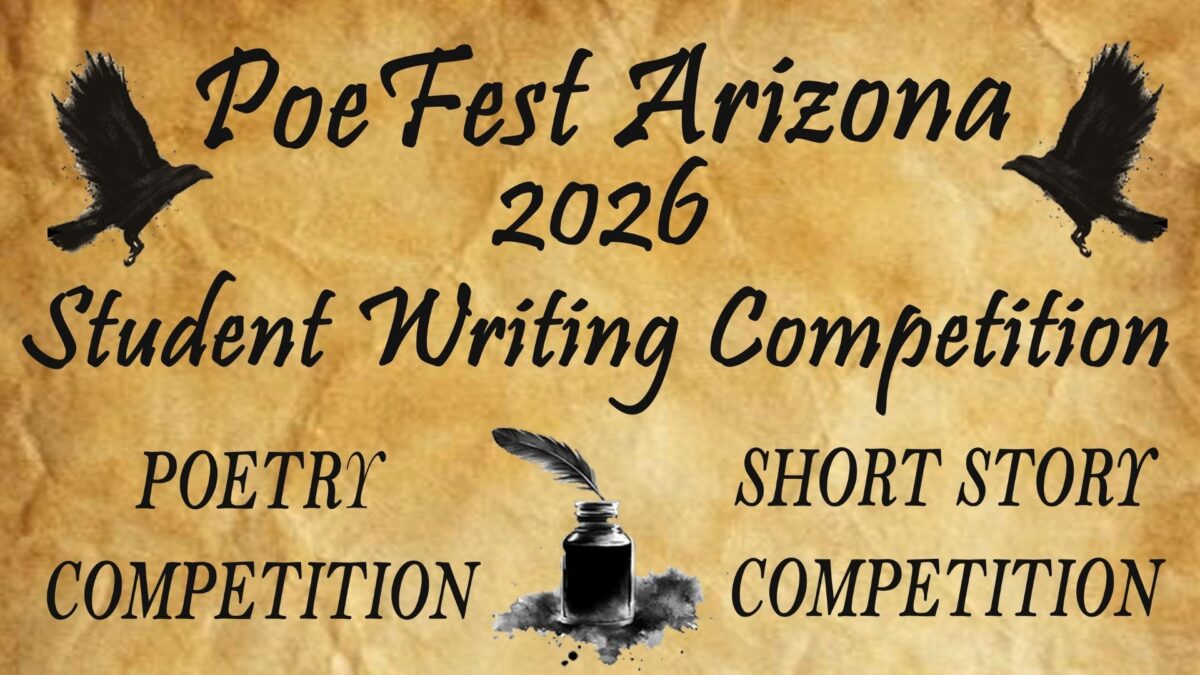 a light brown background with an illustration of crows with the words PoeFest Arizona 2026 Student Writing Competition poetry competition short story competition