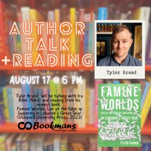Author Talk and Reading with Tylor Brand. Blurry orange shelves with colorful books as background and image of a man and his book in green