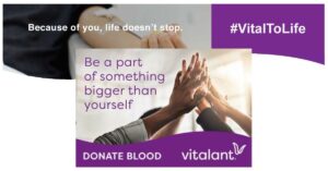 Banner reads, Because of you, life doesn't stop #VitalToLife, and beneath people give high-fives