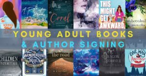 Background grid made of YA book covers, text overlay reads: Young Adult Books & Author Signing