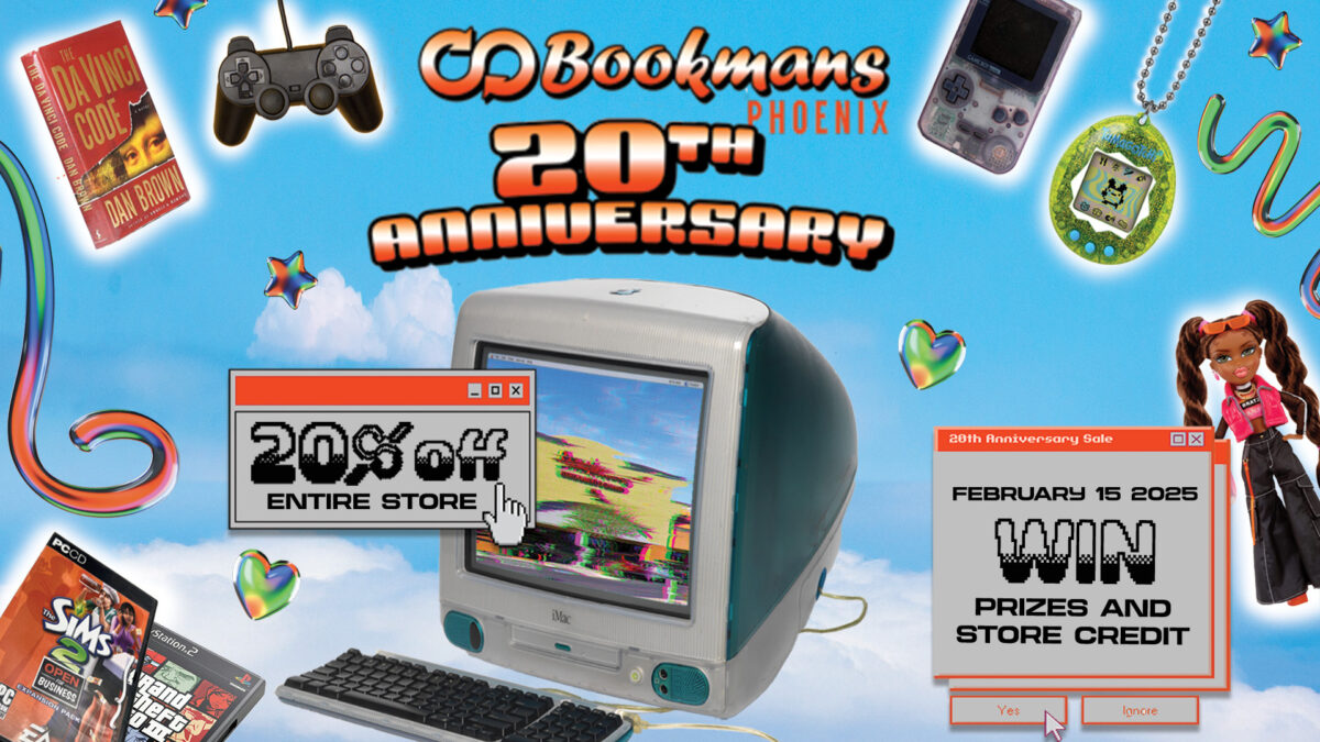 Blue sky background with books, video games and toy floating around with two pop up windows Title says "Bookmans Phoenix 20th Anniversary" the first pop up says "20% off entire store" the second says Feburary 15 2025 win prizes and store credit" with icons that says "yes" "ignore"