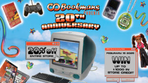 Blue sky background with books, video games and toy floating around with two pop up windows Title says "Bookmans Phoenix 20th Anniversary" the first pop up says "20% off entire store" the second says Feburary 15 2025 win up to $1000 in store credit" with icons that says "yes" "ignore"