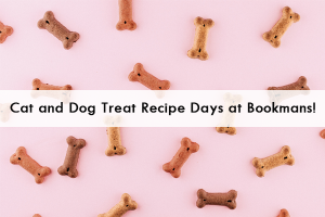 dog bones on a pink background for cat and dog treat days at bookmans in august