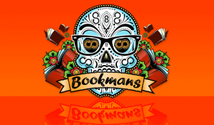 Bookmans sugar skull logo on orange background