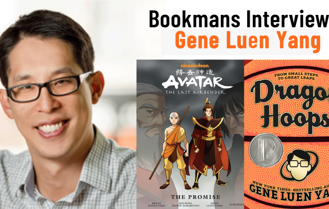 author gene luen yang with his books avatar and dragon hoops