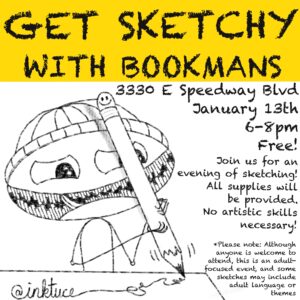 get sketchy with bookmans flyer featuring a cartoon character with a pencil