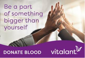People give each other high-fives, purple banner below reads, Donate Blood Vitalant