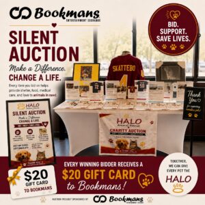 Image of a flyer describing the silent auction for Halo animal shelter. Items bid on in person