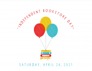 independent bookstore day 2021 logo books floating with balloons