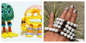 redesigned action figure toys and a woman's hand holding a long beaded black and white necklace