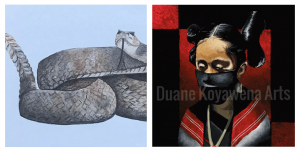 merci two deserts rattlesnake art and duane koyawena painting of hopi girl in red and black