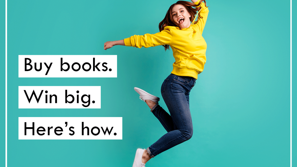 paperback book day and book lovers day bookmans gift card raffle announcement featuring a young woman jumping in the air and smiling against a solid background
