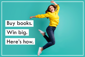 paperback book day and book lovers day bookmans gift card raffle announcement featuring a young woman jumping in the air and smiling against a solid background