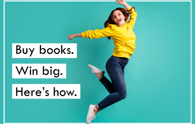 paperback book day and book lovers day bookmans gift card raffle announcement featuring a young woman jumping in the air and smiling against a solid background