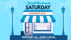 Blue Background with illustrated store facade. The Wording "Its Small Businness Saturday" headline the image as well as the wording support us, shop Local head the bottom.