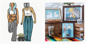 sparrows and sombreros art featuring ahsoka tano, grogu, and a display of printed artwork including candles and framed pictures