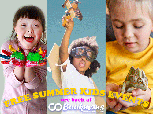 three images of children playing. The first is a child with finger paint on their hands. the second is a child wearing a cardboard rocket pack and goggles flying a homemade airplane toy. the third is a child holding a chameleon lizard. the text reads summer kids events are back at bookmans