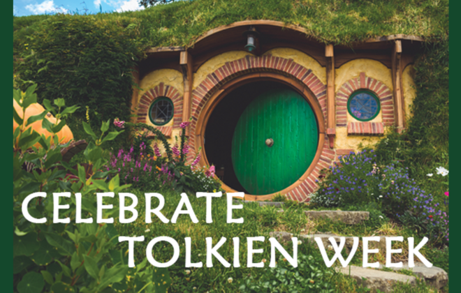 photo of a round door surrounded by grass and greenery from the set of Lord of the Rings with the words Celebrate Tolkien Week on the image