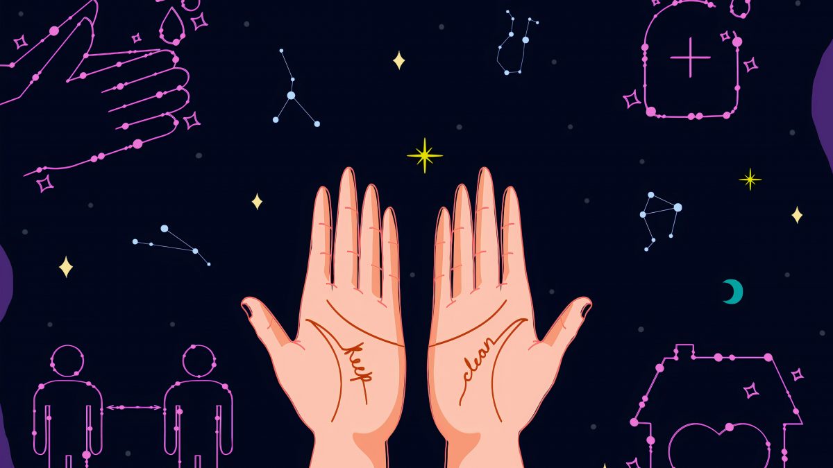 drawing of hands, stars, and constellations in the shape of covid-19 cleanliness icons